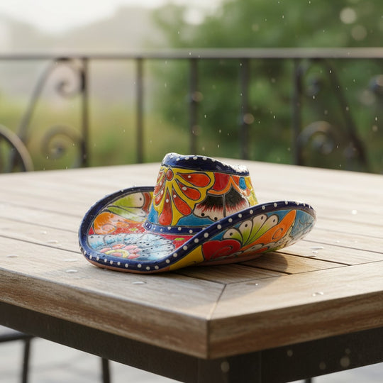 The Talavera Hub hand-painted sombrero planter in vibrant mixed colors, shaped like a cowboy hat, with floral and geometric details.