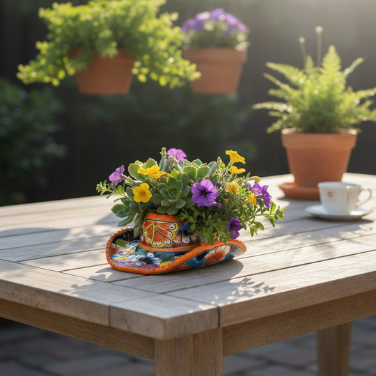 The Talavera Hub Small Sombrero Planter, hand-painted ceramic cowboy hat decor with colorful floral designs, holding succulents and purple and yellow flowers.