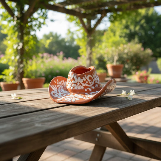 The Talavera Hub sombrero planter in brown and white with hand-painted floral patterns on a wooden outdoor table.