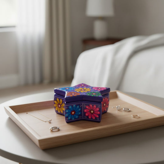 The Talavera Hub star-shaped ceramic jewelry box with vibrant hand-painted floral motifs on a wooden tray