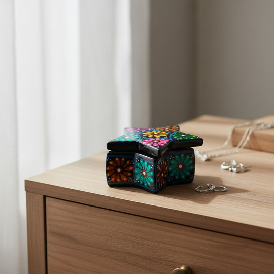 The Talavera Hub handcrafted star-shaped ceramic jewelry box with vibrant hand-painted floral folk art motifs.
