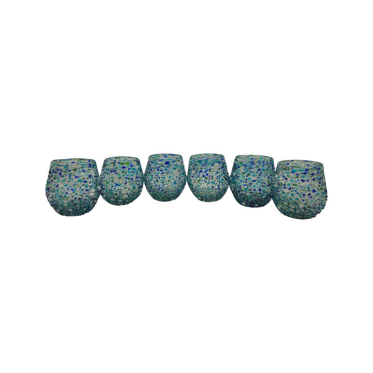 The Talavera Hub hand blown stemless wine glass with blue green confetti design, made from recycled glass.
