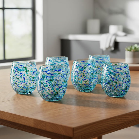 The Talavera Hub hand blown stemless wine glass with blue, green, and white confetti glass design. Made from lead-free glass.
