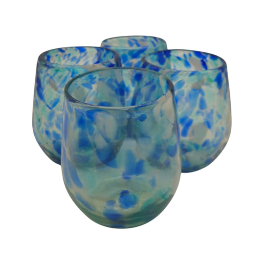 The Talavera Hub hand-blown stemless wine glass with white and blue snow design, 12 oz capacity.
