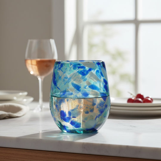 The Talavera Hub hand-blown stemless wine glass with white and blue snow design, 12 oz capacity