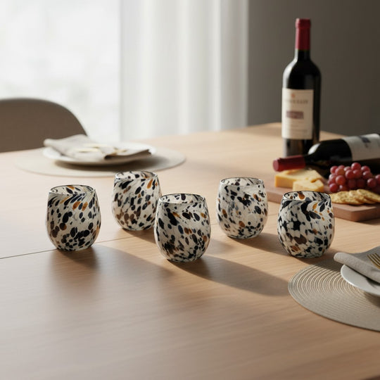 The Talavera Hub hand-blown stemless wine glasses with blue, mocha, and white speckle design. Set of 6, 12 oz capacity.