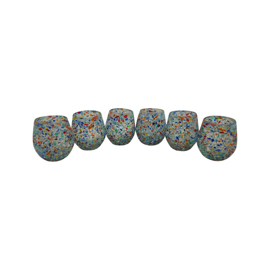 The Talavera Hub XL stemless wine glasses with colorful confetti rock design, made of lead-free glass.