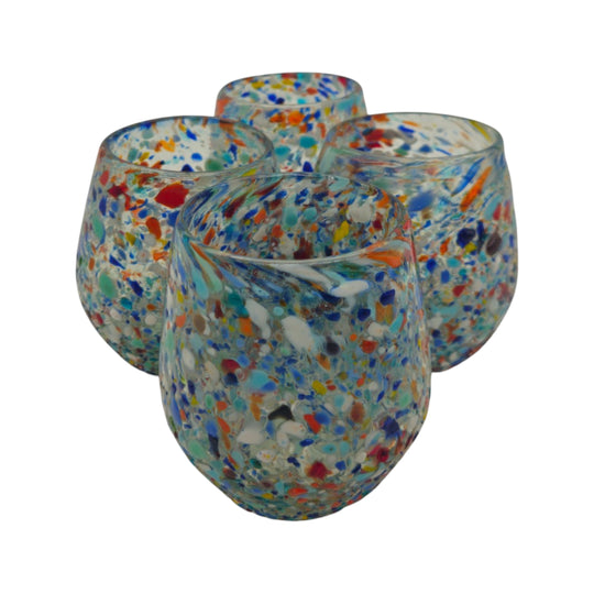The Talavera Hub XL stemless wine glasses with colorful confetti rock design, hand-blown lead-free glass, 24 oz capacity.
