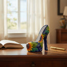 The Talavera Hub handcrafted ceramic high heel statue with vibrant blue background and yellow sunflower motif.