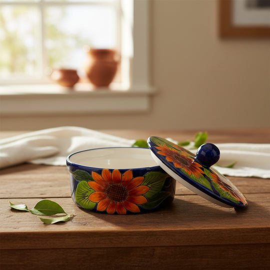 The Talavera Hub handmade cobalt blue ceramic tortilla warmer with hand-painted sunflowers and a knobbed lid.