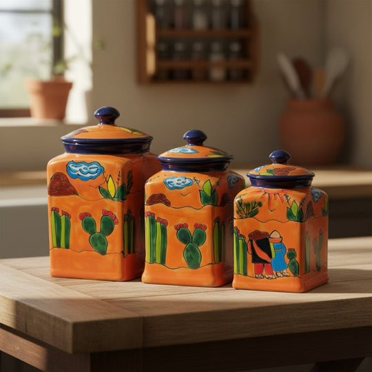 The Talavera Hub Talavera canister set with desert motifs, hand-painted ceramic in orange, blue, green, and yellow.