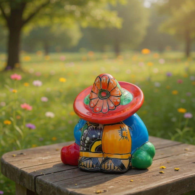 The Talavera Hub handmade Talavera Panchito figurine featuring a sleeping man in a vibrant hand-painted sombrero.