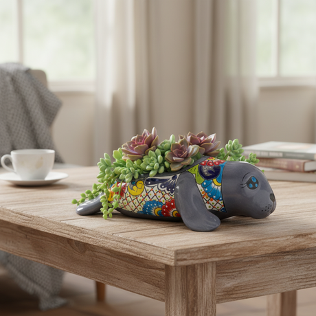 The Talavera Hub medium grey ceramic seal planter with colorful Talavera hand-painted details. Ideal for indoor/outdoor use.
