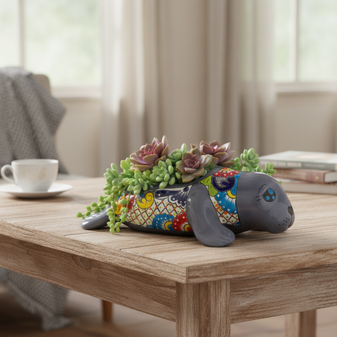The Talavera Hub medium grey ceramic seal planter with colorful Talavera hand-painted details. Ideal for indoor/outdoor use.