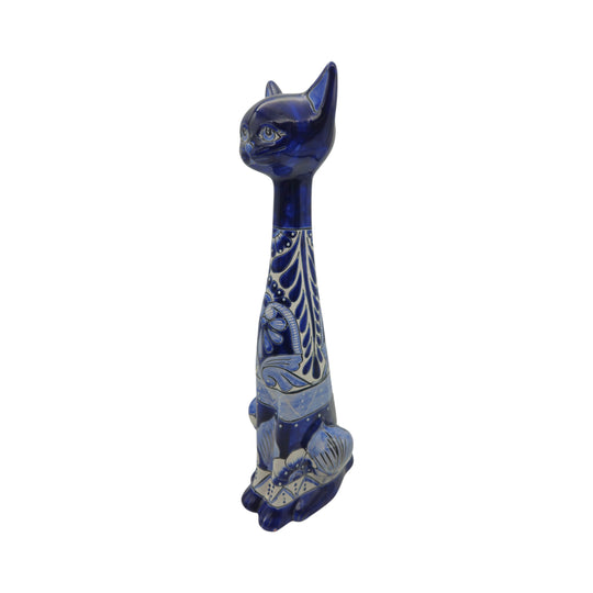 The Talavera Hub tall handmade ceramic cat statue with blue and white floral folk art patterns on a glossy finish.