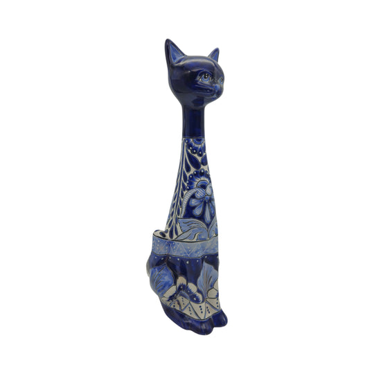 The Talavera Hub tall handmade ceramic cat statue with blue and white floral folk art patterns on a glossy finish.