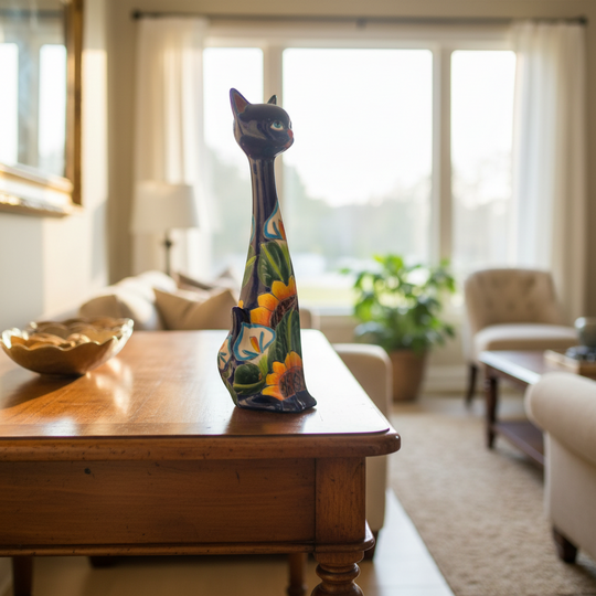 The Talavera Hub tall blue ceramic cat statue with hand-painted sunflowers and green leaves.