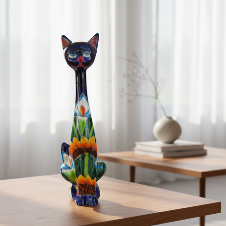 The Talavera Hub Tall Talavera Cat Statue with sunflower design, hand-painted ceramic with lead-free glaze.