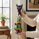 The Talavera Hub Tall Talavera Cat Statue, hand-painted ceramic with sunflower design, 19.5 inches tall.