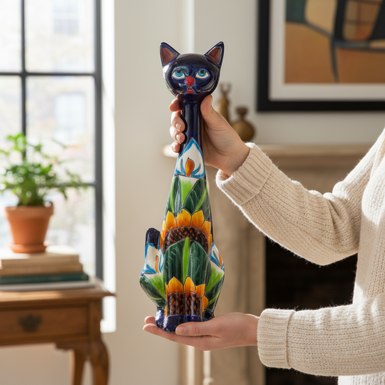 The Talavera Hub Tall Talavera Cat Statue, hand-painted ceramic with sunflower design, 19.5 inches tall.