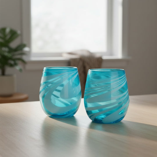 The Talavera Hub hand-blown stemless wine glass with teal and white swirl design. Recycled glass, 12 oz capacity.