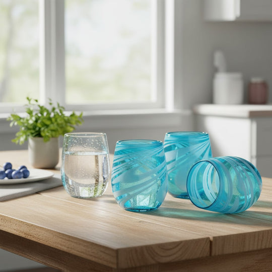 The Talavera Hub hand-blown stemless wine glass with teal and white swirl design. Recycled glass, 12 oz capacity.