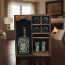 The Talavera Hub Mexican Tequila Decanter & Shot Glass Set with rustic wooden display, featuring agave design.