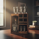 The Talavera Hub Mexican Tequila Decanter & Shot Glass Set with rustic wooden display, featuring agave design. Includes 750ml decanter and six shot glasses.