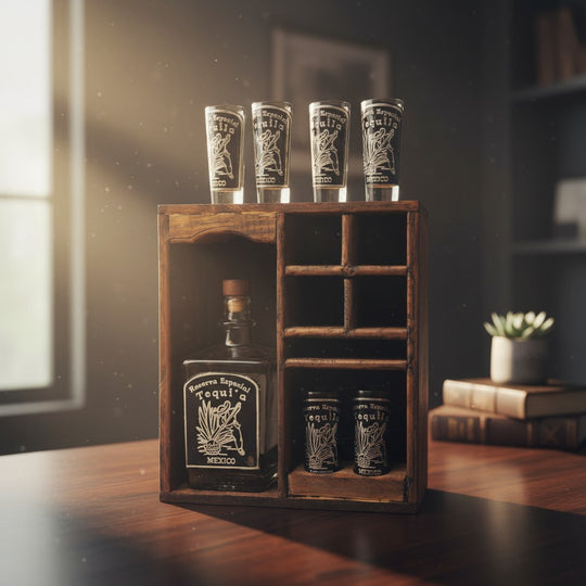The Talavera Hub Mexican Tequila Decanter & Shot Glass Set with rustic wooden display, featuring agave design. Includes 750ml decanter and six shot glasses.