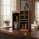 The Talavera Hub Mexican Tequila Decanter & Shot Glass Set with rustic wooden display, featuring agave design.