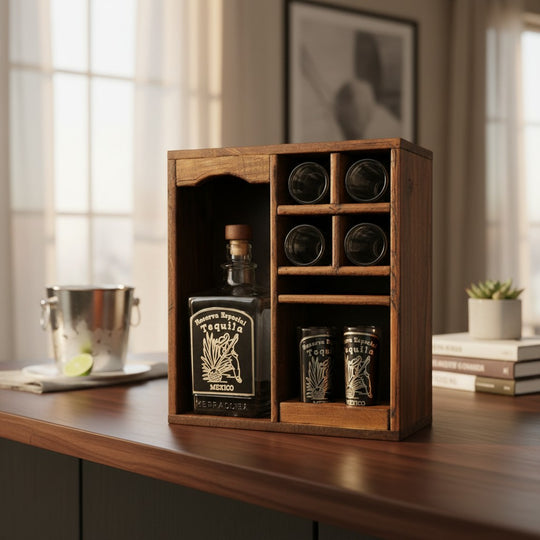 The Talavera Hub Mexican Tequila Decanter & Shot Glass Set with rustic wooden display, featuring agave design.