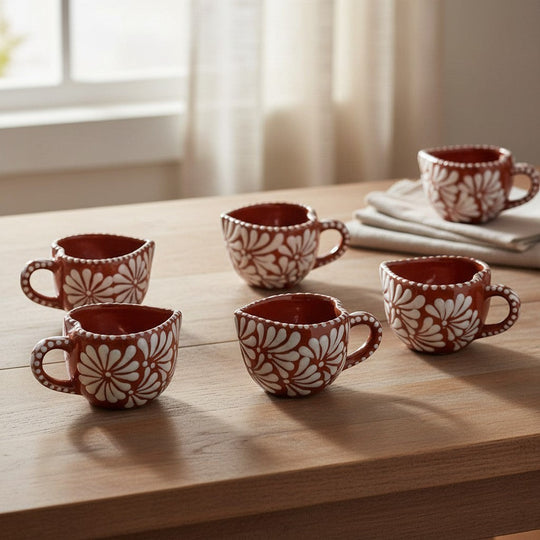 The Talavera Hub hand-painted terracotta mugs with white floral design. Set of 6 coffee cups.