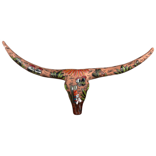 The Talavera Hub handcrafted terracotta longhorn skull wall decor with vibrant hand-painted desert and floral motifs.
