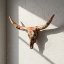 The Talavera Hub handcrafted terracotta longhorn skull wall decor with vibrant hand-painted desert cactus motifs.