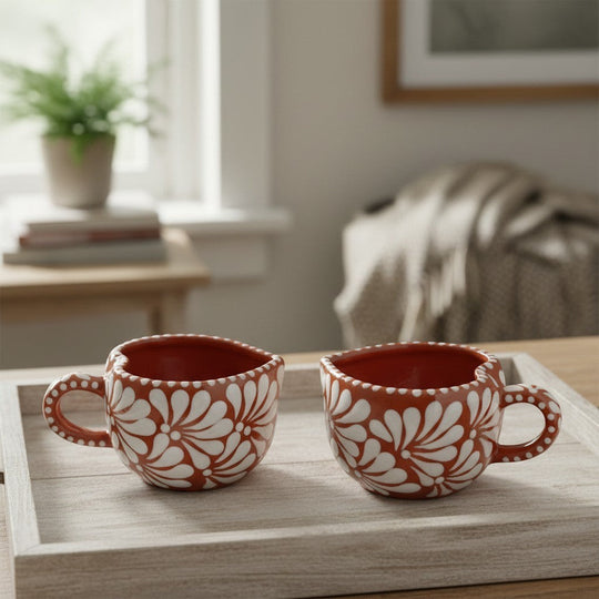 The Talavera Hub hand-painted terracotta mug with white floral design and dotted handle. Mexican coffee cup.
