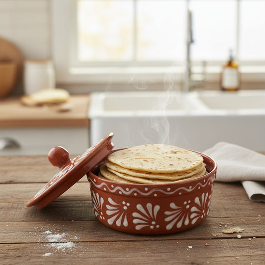 The Talavera Hub terracotta tortilla warmer with hand-painted white floral motif, holding warm tortillas.