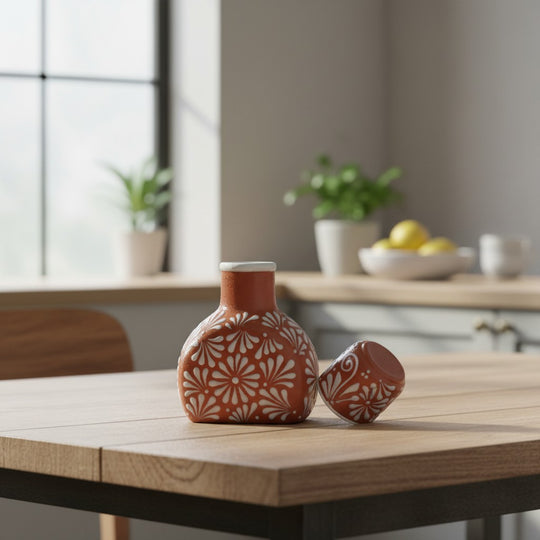 The Talavera Hub terracotta water carafe and cup set with hand-painted white floral motifs on a wooden kitchen table.
