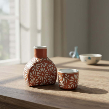 The Talavera Hub terracotta water carafe and matching cup with hand-painted white floral motifs on a wooden table.