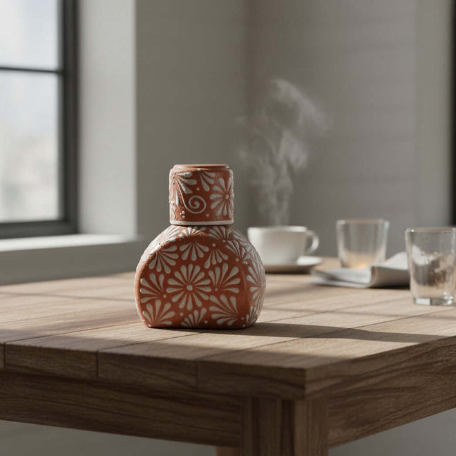 Hand-Painted Terracotta Water Carafe Set Rustic Bedside Decanter