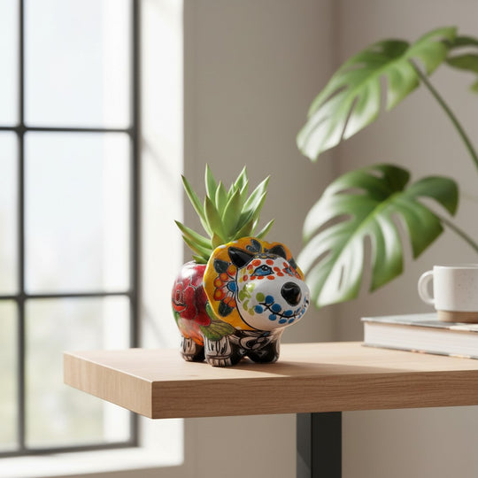 The Talavera Hub Talavera Triceratops Planter, ceramic, hand-painted with floral patterns in red, yellow, green, and blue, Day of the Dead style.
