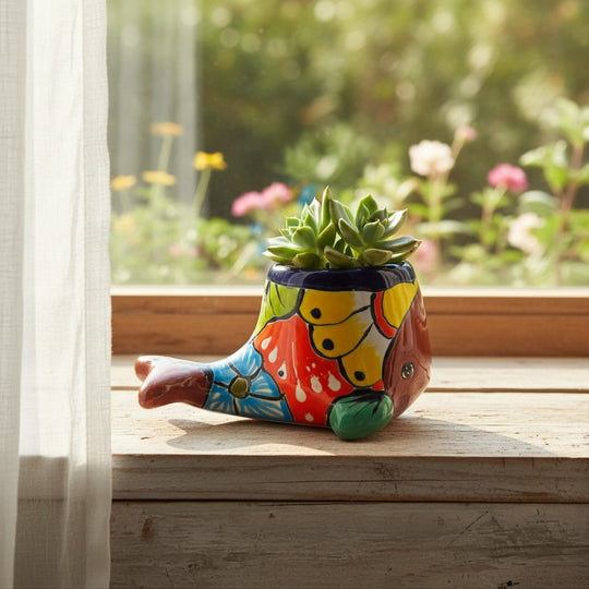 The Talavera Hub small whale-shaped planter with vibrant red, orange, and yellow butterfly patterns on a blue body.