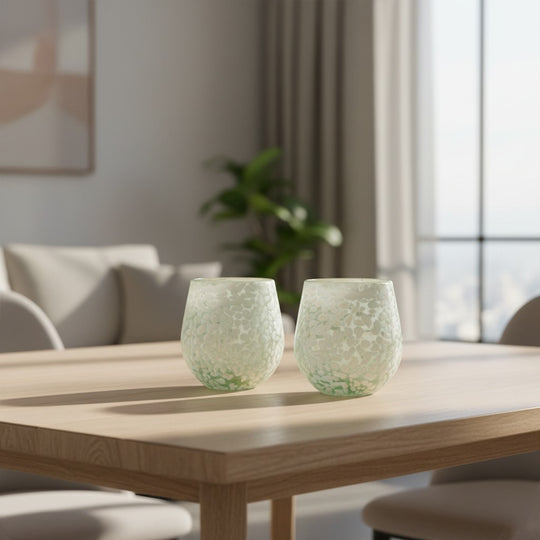 The Talavera Hub two white pebbled wine glasses, hand-blown from lead-free glass with a frosted pebbled texture. Holds 12 oz.