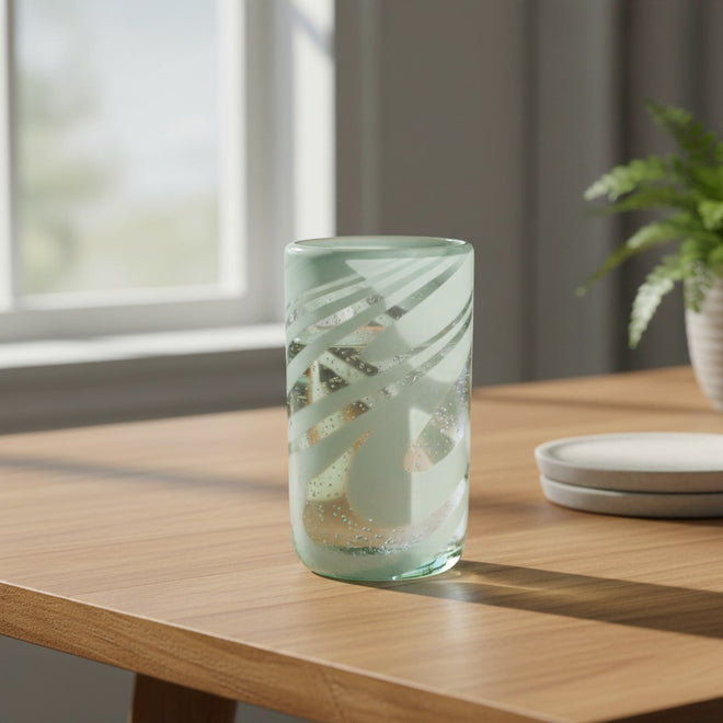 The Talavera Hub hand-blown glass drinking glass with white swirl pattern, 18 oz capacity.