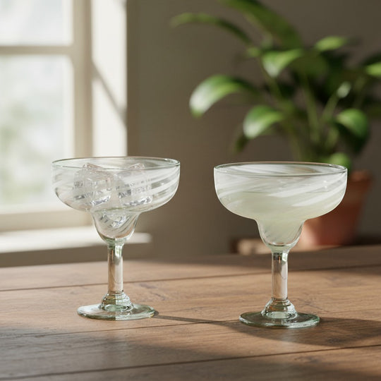 The Talavera Hub white swirl margarita glass, hand-blown lead-free glass, 12 oz capacity.