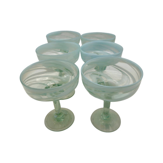 The Talavera Hub hand-blown glass margarita glasses with white swirl detail. Set of 6, 12 oz capacity.