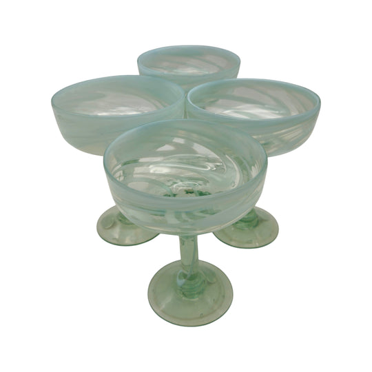 The Talavera Hub hand-blown clear glass margarita glasses with white swirl detail. Set of 4, 12 oz capacity.