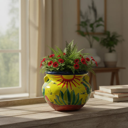 The Talavera Hub yellow ceramic cactus planter with hand-painted desert motifs and red flowers. 10" H x 12" W.