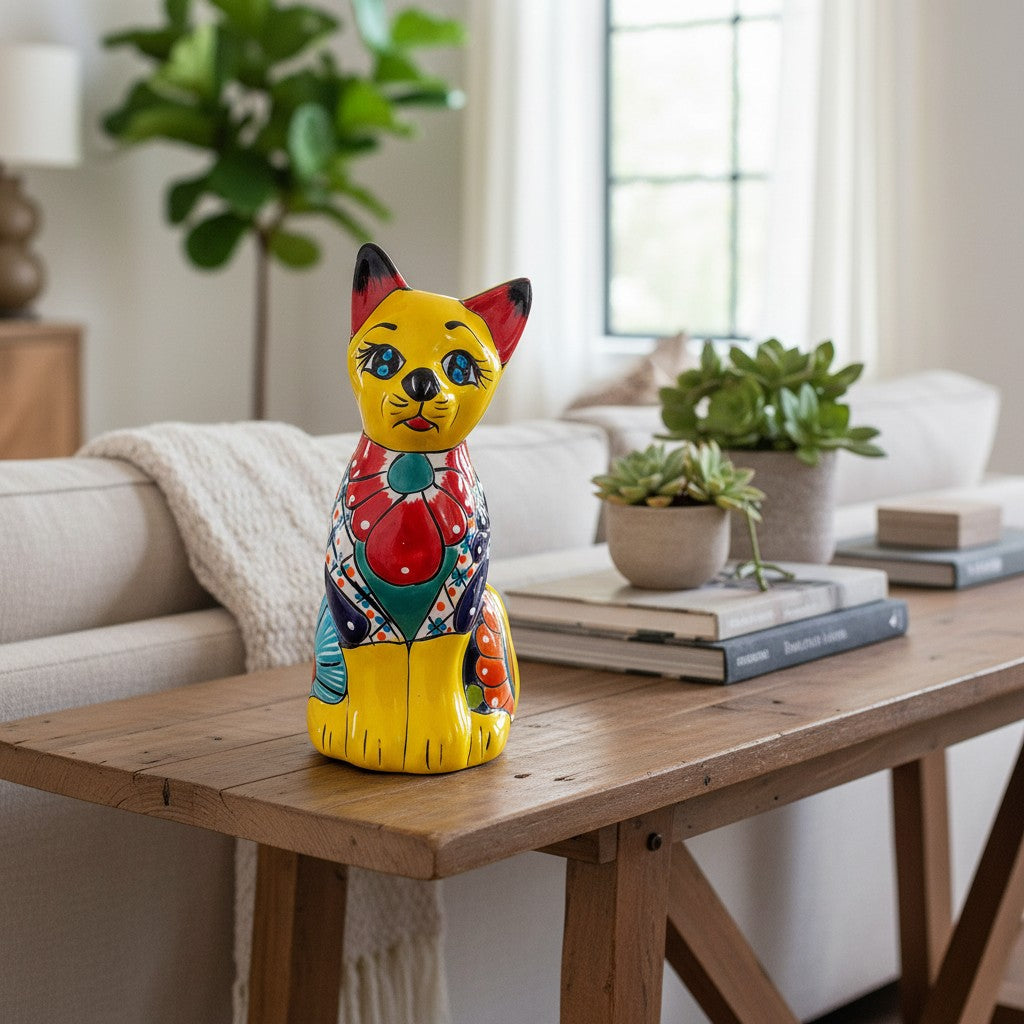 Hand-Painted Talavera Cat Statue Vibrant Folk Decor