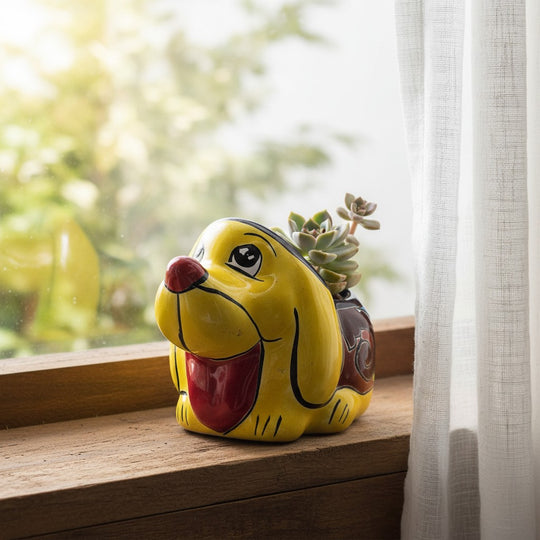 The Talavera Hub small yellow dog-shaped ceramic planter with hand-painted details holding a succulent on a windowsill