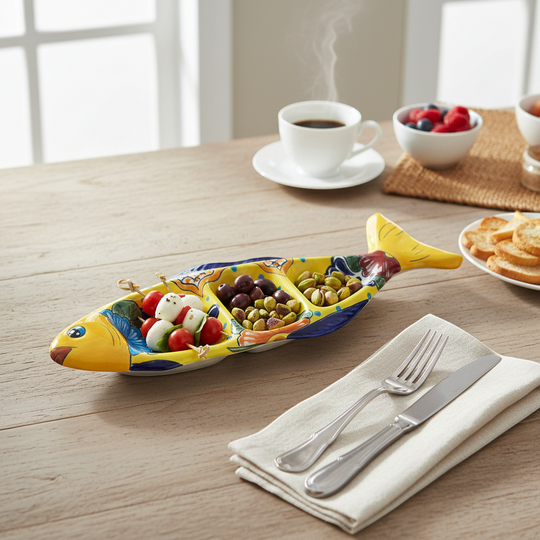 The Talavera Hub handmade yellow ceramic fish sectional serving tray with blue, green, and red floral Talavera designs.